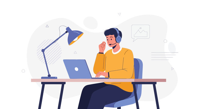 Man working on laptop with headset, customer support, remote work, illustration