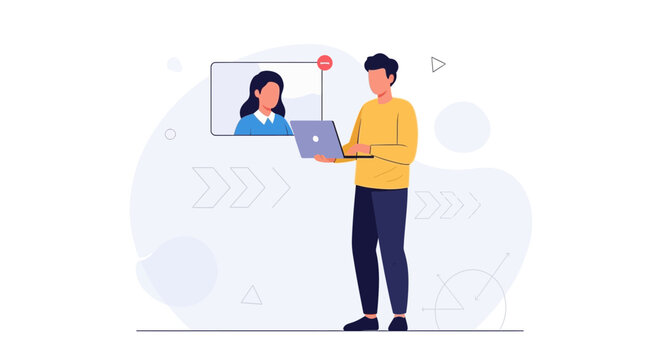 Man Video Calling Woman on Laptop, Online Communication Concept