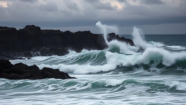 libertarianism. Ocean waves crashing against a dark rocky coastline with a stormy sky. travel magazines, destination branding, designed for outdoor magazines and nature guides.