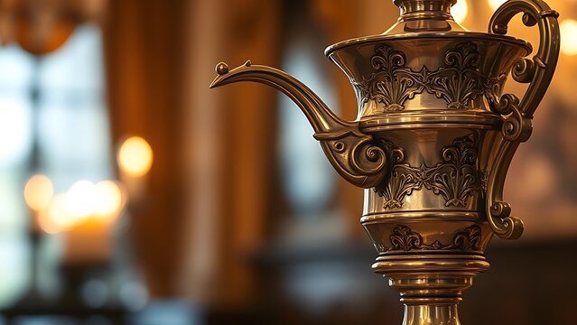 flagon. Ornate silver flagon reflecting candlelight with slight tilt, warm golden tones. bar promotions, beverage menus, designed for food & beverage menus and cafe branding.