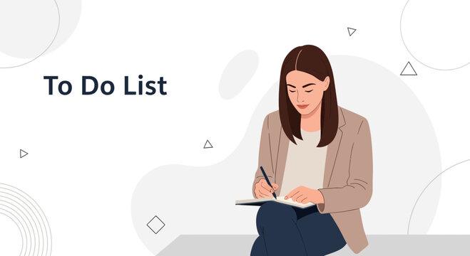 Woman writing to-do list, planning tasks, organized businesswoman, productivity concept