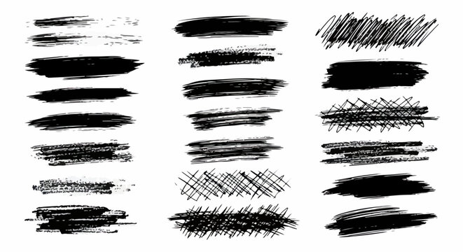 Kolekcja czarnych pociągnięć pędzlem, tekstur tuszem i ręcznie rysowanych element&oacute;w graficznych na białym tle do projekt&oacute;w artystycznych oraz grunge.