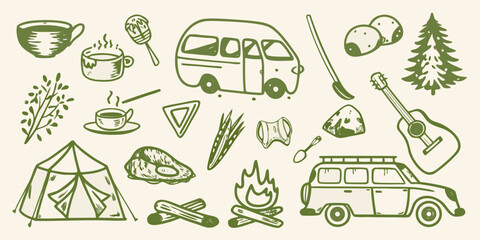 Camping themed doodle set with various outdoor elements silhouette © BidhanChandra