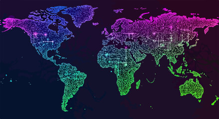 Futurystyczna cyfrowa mapa świata w formie obwodu drukowanego z neonowym gradientem kolorów, symbolizująca globalną sieć danych i nowoczesną technologię. © Sintya