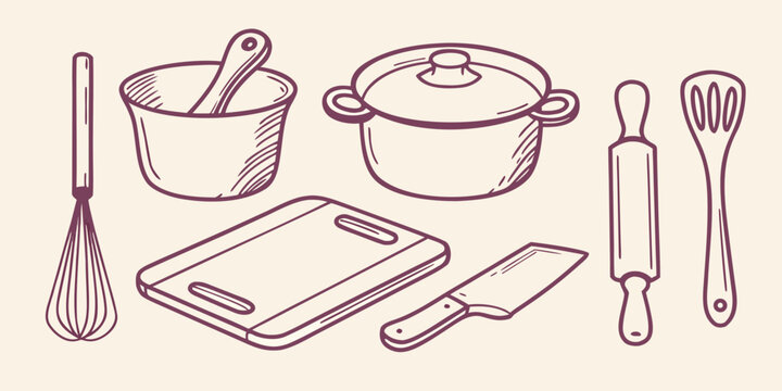 Kitchen utensils and cookware depicted in a charming hand drawn silhouette