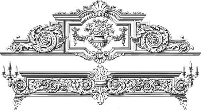 Baroque ornamental frame decoration in intricate vintage engraving style featuring floral scrolls, classical architecture elements, and luxurious antique vector design