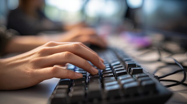 Hands using keyboard and mouse in computer lab, close up indoor technology education scene