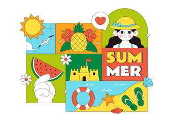 Fototapeta premium Summer Vacation Vector Illustration Featuring Beach Activities, Tropical Elements, Sunshine Holiday Scene, Ocean Leisure, and Seasonal Travel Design