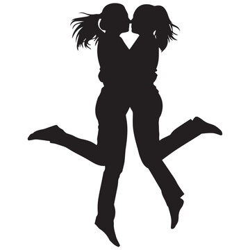 Silhouette of two young women jumping and kissing, friendship and romantic love concept, isolated