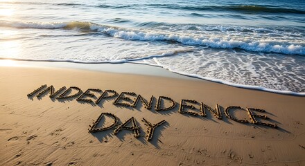 Obraz premium Independence day celebration concept with ocean waves and sandy beach background freedom and joy on a summer day