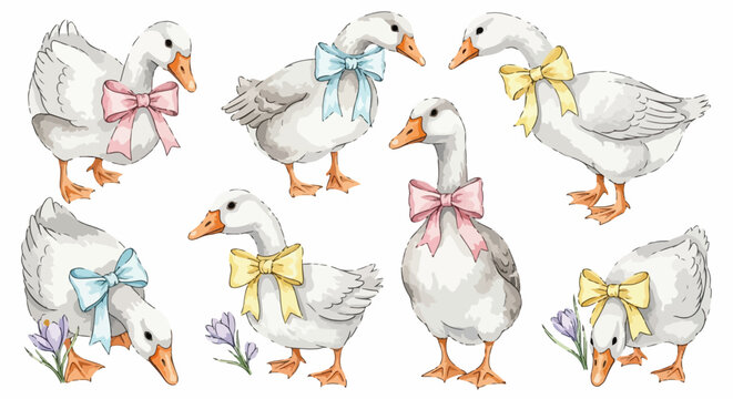 파스텔 톤의 분홍색, 파란색, 노란색 리본을 목에 두른 귀여운 흰 거위들의 수채화 일러스트레이션 세트로 빈티지한 감성과 코티지코어 스타일을 담아낸 다양한 포즈의 거위 캐릭터 디자인 요소 모음이며 흰 배경에 고립된 이미지입니다.