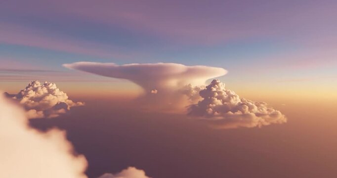 Aerial view of a giant anvil storm cloud at sunset