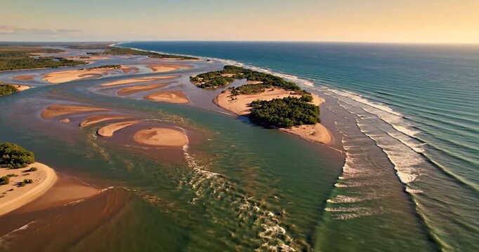 Aerial View of Tropical Estuary and Sandy Coastal Banks at Sunset