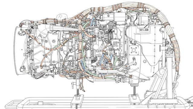 Helicopter turbine engine CAD drawing, aerospace technical diagram