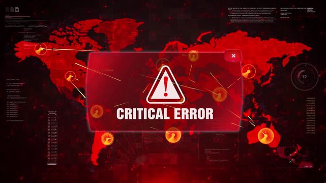 A dramatic video displaying a critical error message on a world map background with a red glow