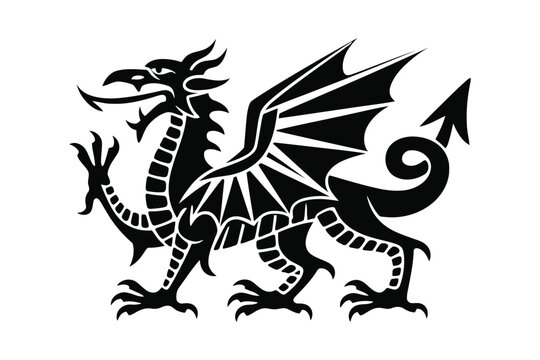 Black and white stylized dragon with spiky wings and curled tail mythical creature