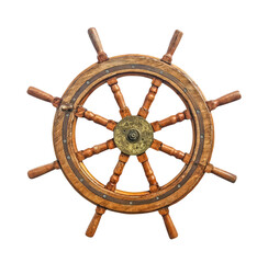 vintage wooden ship wheel helm isolated on white background nautical maritime boat steering wheel © electra kay-smith