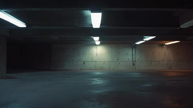 Empty underground parking with raw concrete walls and neon fluorescents casting eerie shadows, a quiet, minimalist liminal space evoking futuristic, industrial solitude and mystery