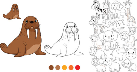 Naklejka premium Cartoon Walrus and Safari Animal Vector Collection with Seals, Elephants, Hippos, Giraffes, Zebras, and Other Wildlife Illustrations for Digital, Educational, and Nature Designs
