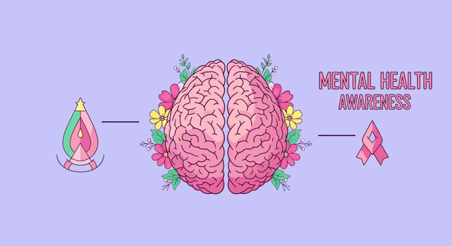 Mental health awareness vector eps illustration of brain with flowers and semicolon symbol