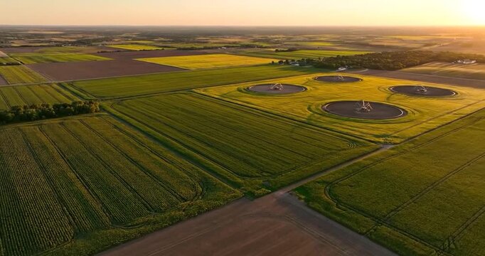 Aerial view of agricultural farmland with circular irrigation systems at sunset