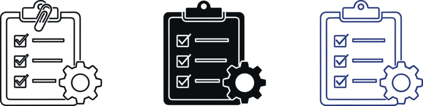 Checklist clipboard icon set with gear symbol in outline solid and flat styles for task management and workflow concepts