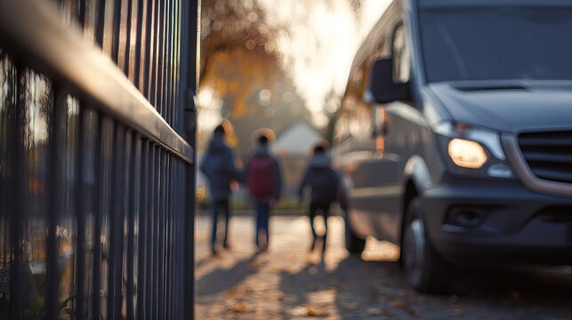 School van parked near school gate, children walking toward vehicle from behind, faces not visible, outdoor student transportation scene