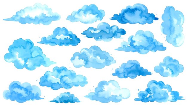 A collection of blue clouds on a white background