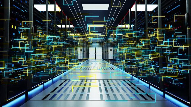 A futuristic video of a data center with rows of servers and glowing blue and yellow lights