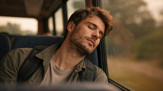 Exhausted young man with a backpack sleeping on his seat while traveling by bus, dozing off with his head resting near the window during a long trip through the countryside at sunset