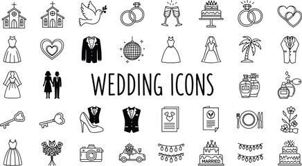 Obraz premium Wedding icons collection, church illustration, rings design, champagne glasses, bridal dress, tuxedo, bouquet, cake, heart symbol, celebration decoration, love