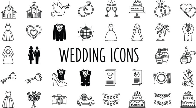 Wedding icons collection, church illustration, rings design, champagne glasses, bridal dress, tuxedo, bouquet, cake, heart symbol, celebration decoration, love