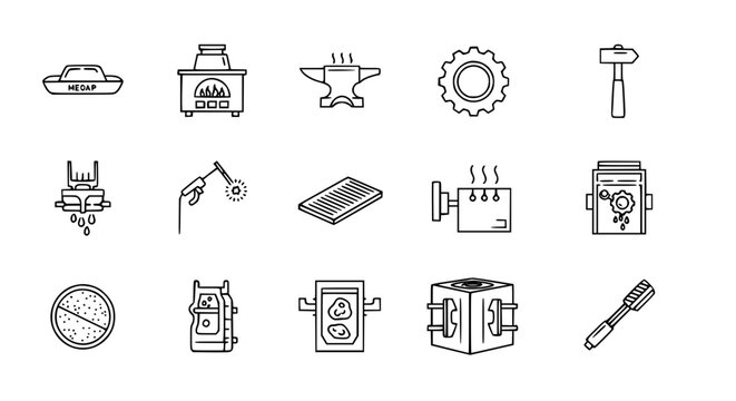 Minimal metallurgy outline icon set with metalworking furnace casting and industrial symbols