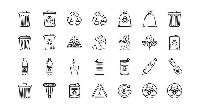 Minimal waste outline icon set with recycling trash and environmental management symbols
