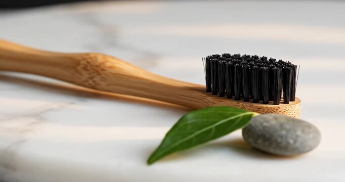 Sustainable bamboo toothbrush with black bristles next to leaf and stone
