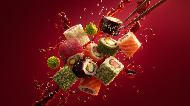aerial composition of assorted sushi rolls and nigiri floating mid-air, centered cluster of sushi pieces with chopsticks, surrounded by delicate splashes of soy sauce and sesame seeds.