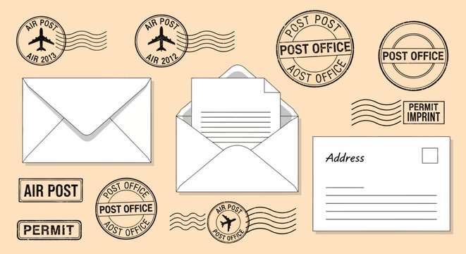 Flat lay of vintage-style postal stamps and envelopes on a beige background