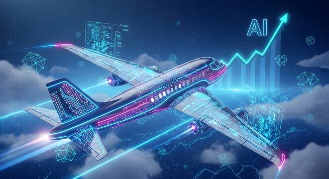 Futuristic AI airplane flying through digital clouds, commercial aircraft with glowing neural network lines, aviation technology growth chart concept