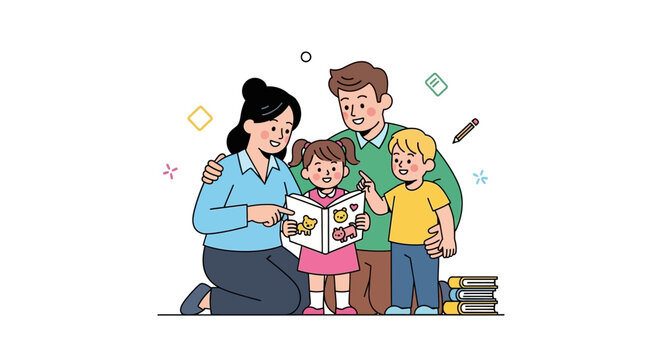 Happy family reading book together, parents and children enjoying story time, education, learning, home leisure
