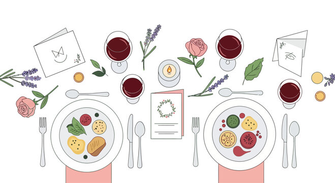 Elegant Table Setting for Romantic Dinner with Flowers, Candles, and Wine