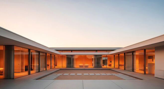 Modern courtyard building with large windows and open architecture at dusk
