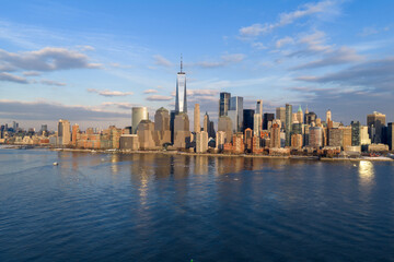 New York City aerial skyline with Tower and downtown Manhattan. Manhattan skyline in New York City....