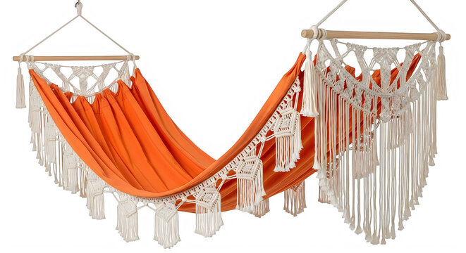 Orange hammock with white macrame tassels hanging on wooden dowel isolated on transparent background transparent background