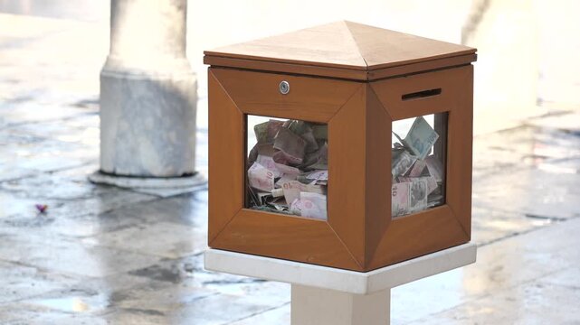 Charity box collects donations in busy city square