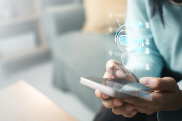 User interacting with AI chatbot on smartphone, representing virtual assistant, automated customer...