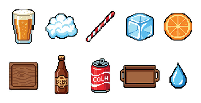 Collection of pixel art food and drink icons featuring a beer glass, soda can, ice cube, and orange slice in a retro 8-bit video game style for graphic design elements
