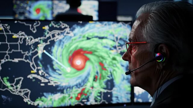 Aged meteorologist with gray hair, headset, glasses, scans ultrawide monitor displaying dynamic hurricane map in dim control room, bokeh. High-stakes weather analysis concept