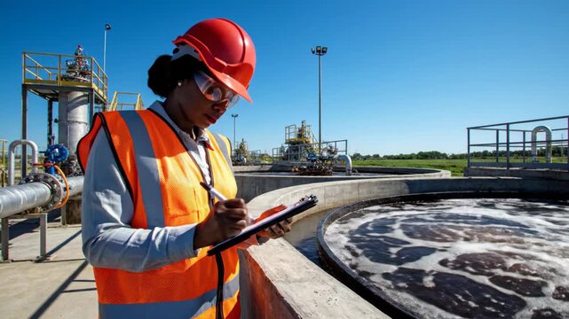 Professional female engineer writing on clipboard at water treatment plant