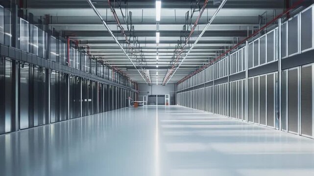Spacious technological server room managing large amounts of data, with rows of server racks extending along a brightly lit corridor, essential for cloud computing infrastructure