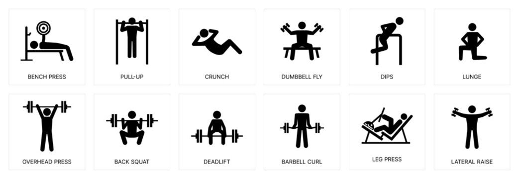 Fitness Exercise and Gym Workout Icon Set, Black Silhouette Vector Illustration of Bodybuilding Training, Strength Exercises Symbols on White Background